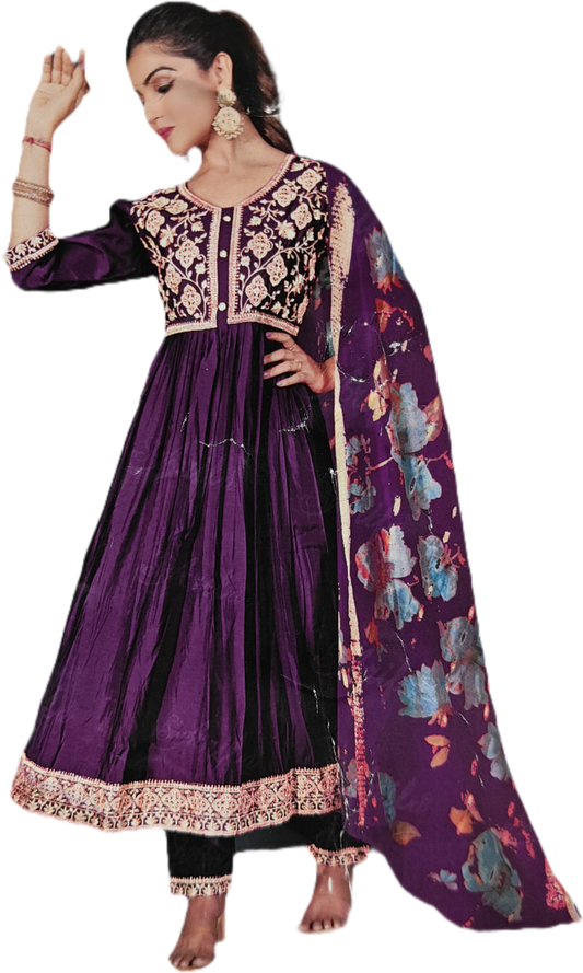 Mesmerize Wine Chanderi Silk Elegant Anarkali Suit Set - (Purple)