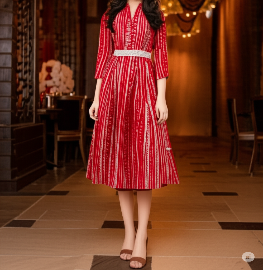 The Xoxo Women's Traditional Cotton A-Line Dress, with Belted Embroidery, V-Neck, Three Quarter Sleeve, Ankle Length
