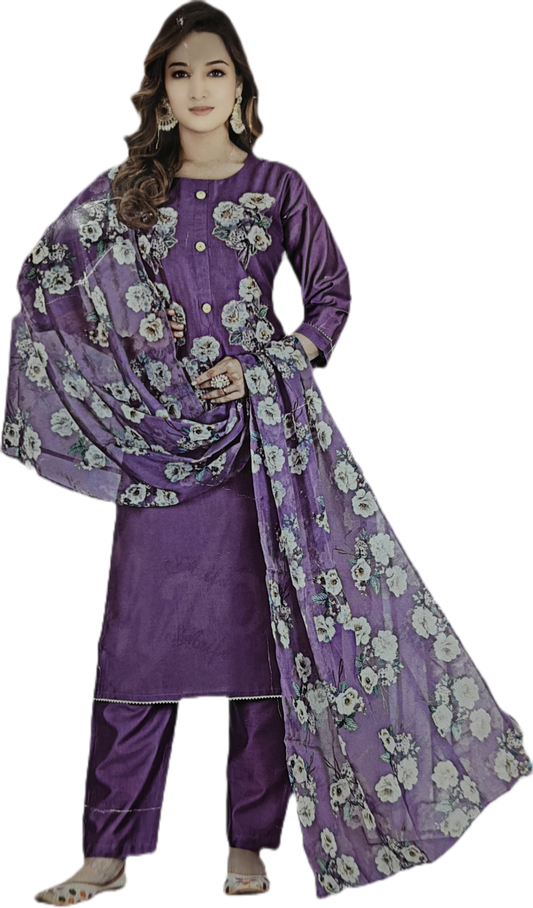 Women’s Purple Floral Embroidery Suit Set with Organza Dupatta | 3-Piece Kurta Pant Set | Elegant Party Wear & Festive Ethnic Dress for Women