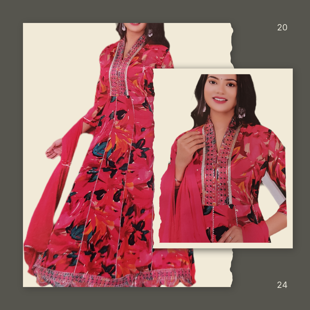 Floral Print Cotton Salwar Suit Set - Embroidered Neck Style, Pink and Black