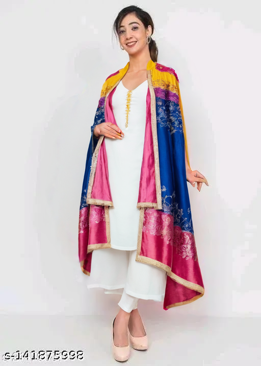 White Kurti Plazo - Collar Suit With Silk Dupatta