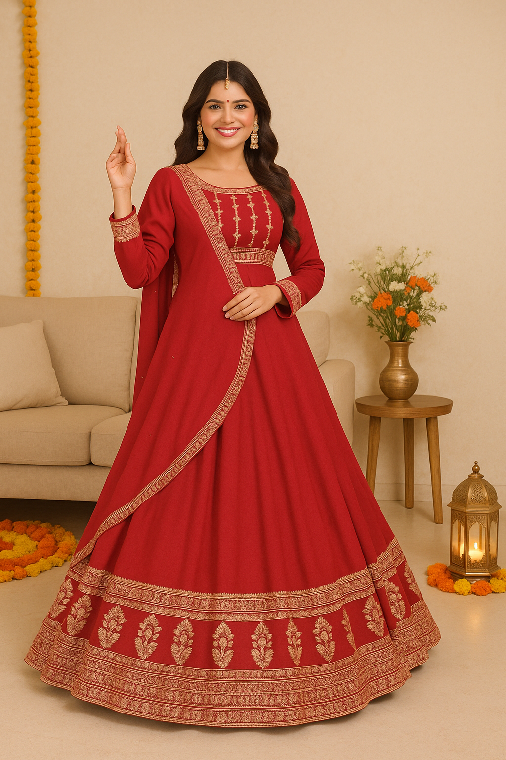 Red & Gold Embroidered INDIAN Anarkali Suit Set