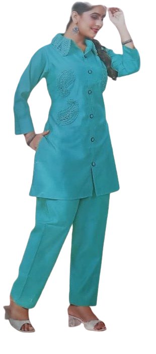 Teal Tunic Lace Collar Kurta With Pant