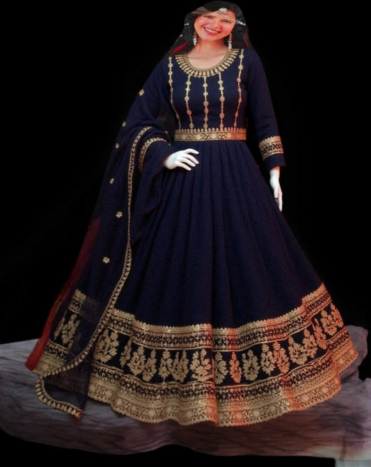 Classic Black Faux Georgette Anarkali Suit - 3 Piece, Embroidered Work, Gown