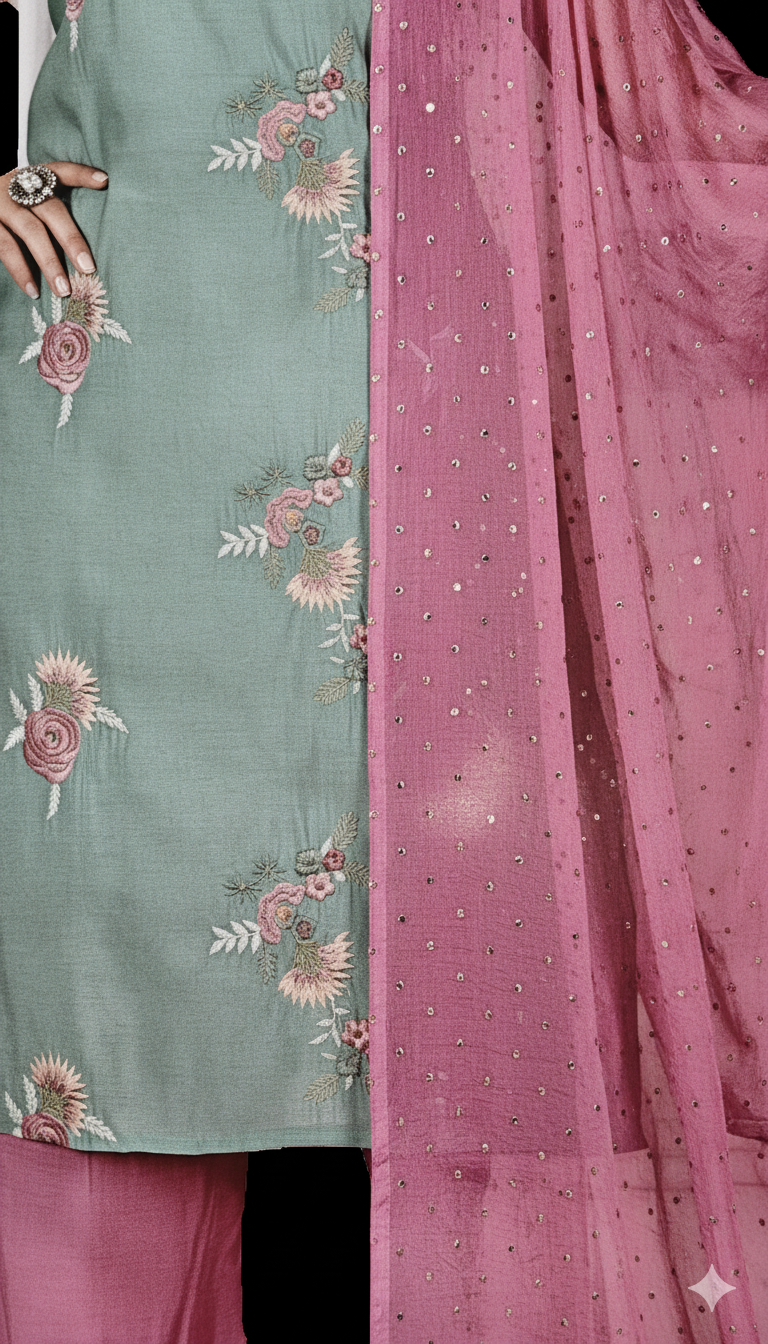 The Xoxo Women's Floral Embroidered Asymmetric Kurti Set with Pink Palazzo - Mint Green and Rose Pink, Cotton Blend, Traditional Indian Ethnic Wear