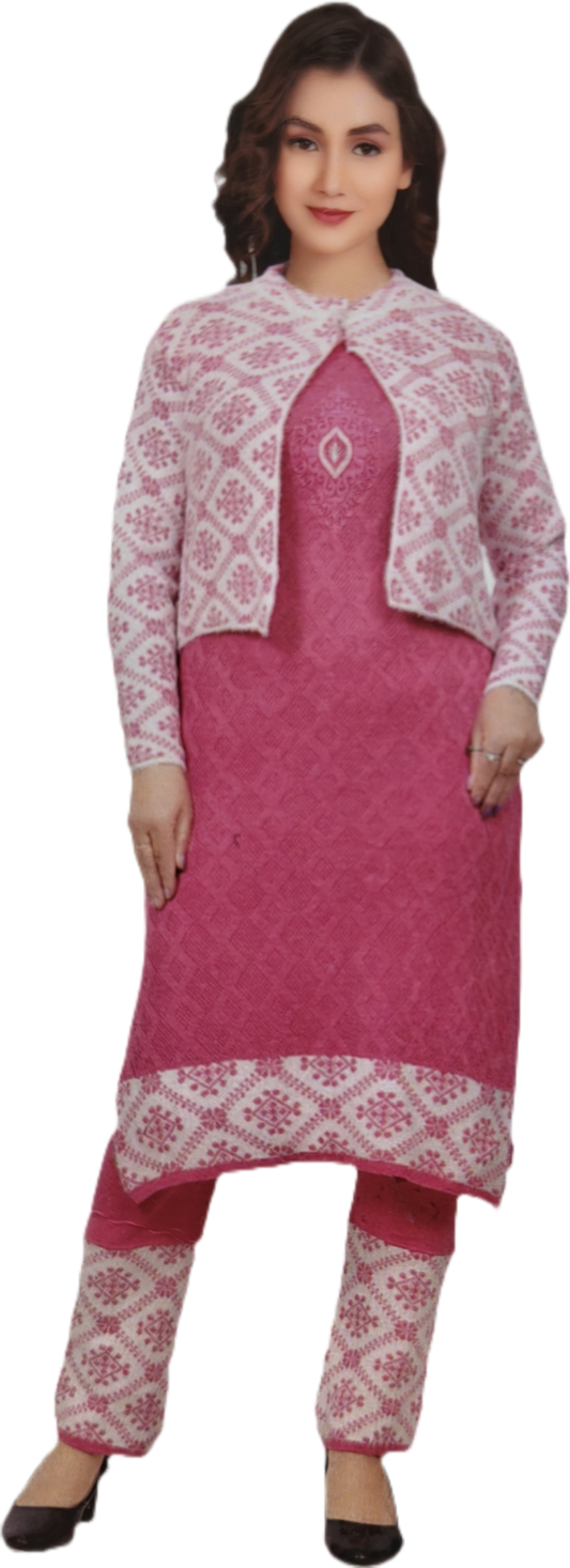 Women’s Woolen Suit Set with Jacket – Pink Winter Kurti & Pant Set | Warm Ethnic Wear for Casual & Festive Use