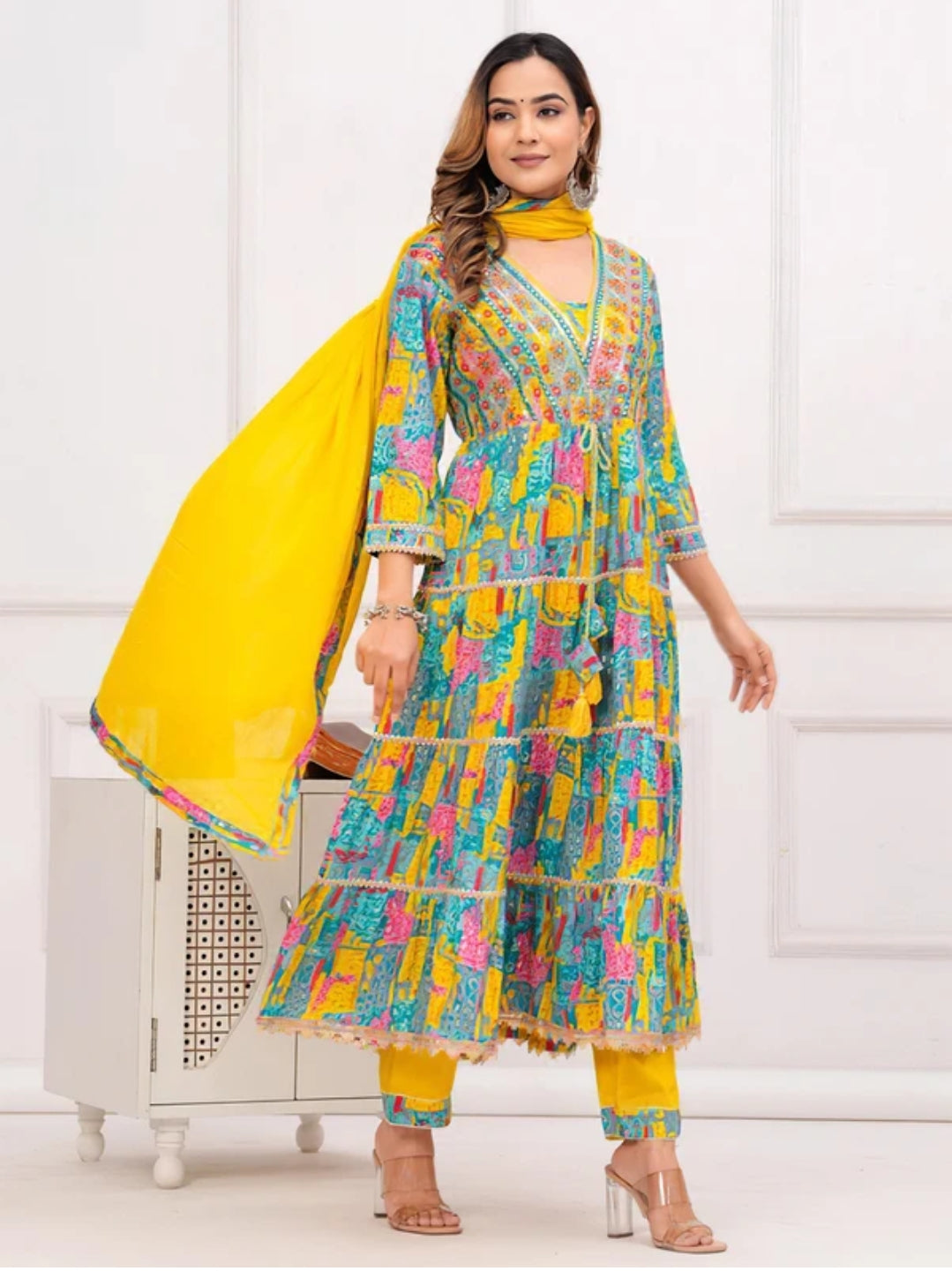 Multi Colour Cotton V-neck 3piece Suit Set