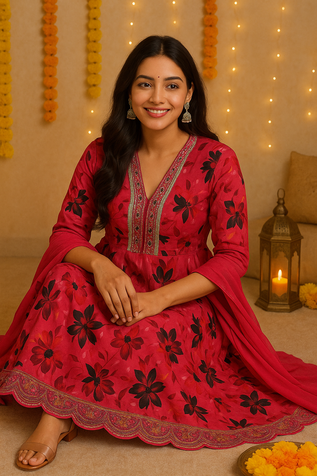 Floral Print Cotton Salwar Suit Set - Embroidered Neck Style, Pink and Black