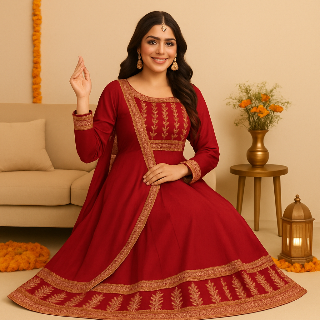 Red & Gold Embroidered INDIAN Anarkali Suit Set