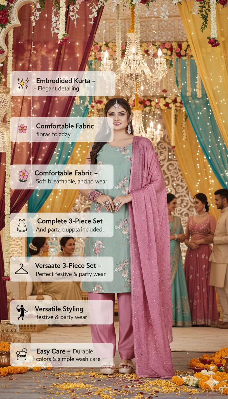 The Xoxo Women's Floral Embroidered Asymmetric Kurti Set with Pink Palazzo - Mint Green and Rose Pink, Cotton Blend, Traditional Indian Ethnic Wear