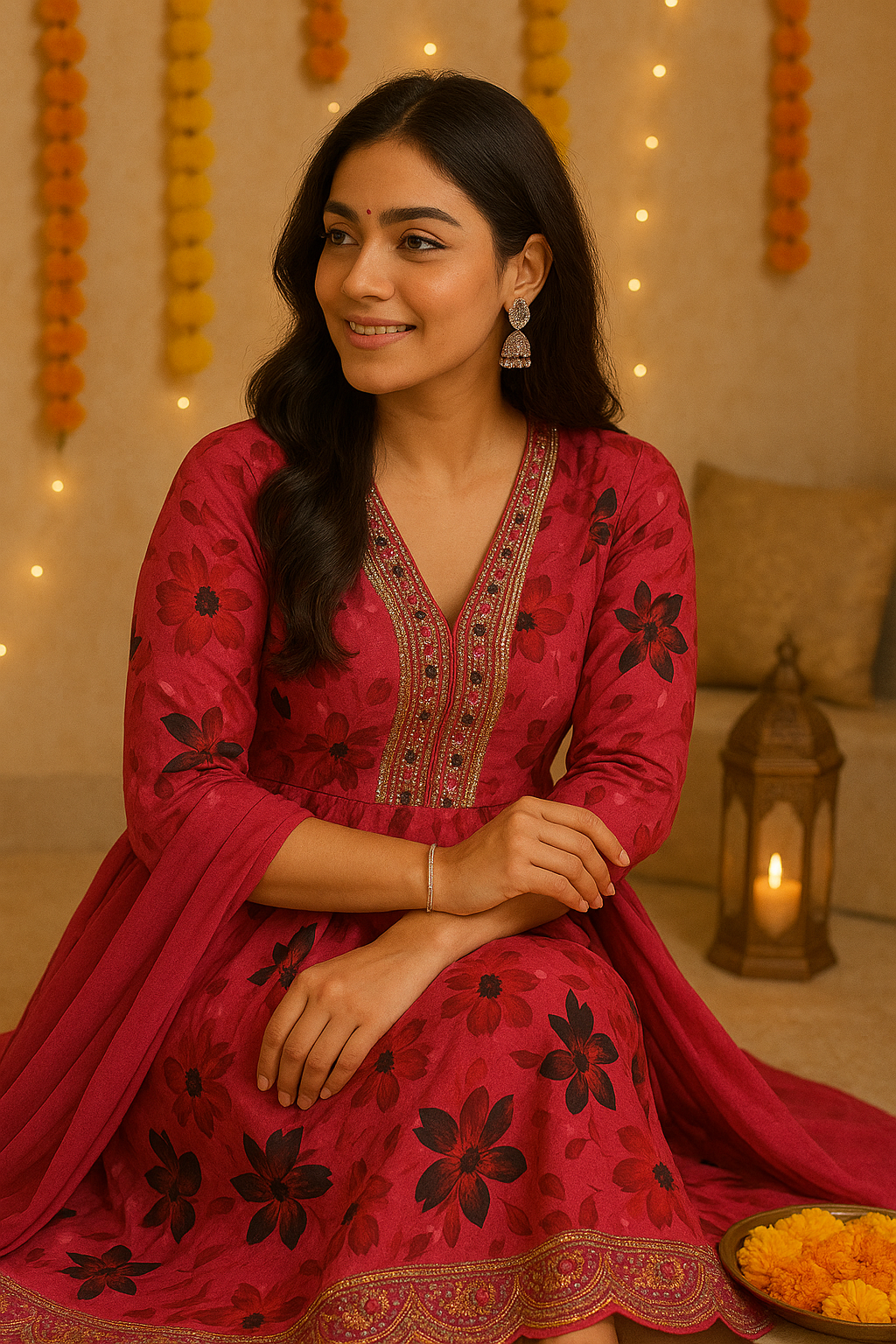 Floral Print Cotton Salwar Suit Set - Embroidered Neck Style, Pink and Black