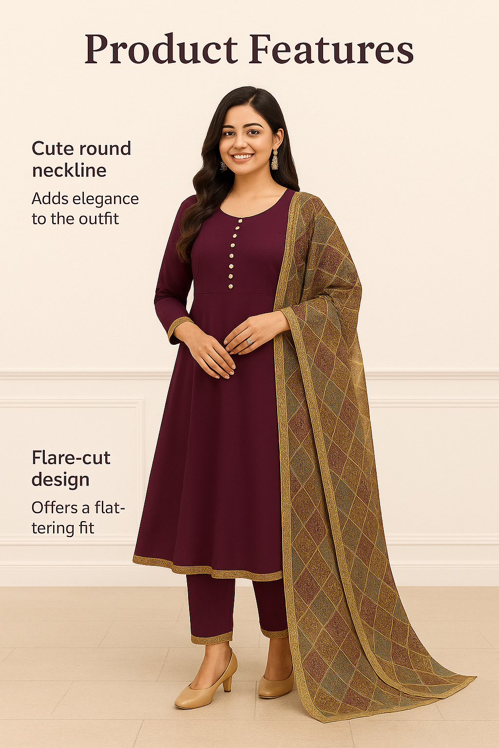 Women's Solid Rayon Long Anarkali Dress - Printed Dupatta, Button Details, Hem Details, Full Sleeves, Ankel Length, (Maroon,XL)