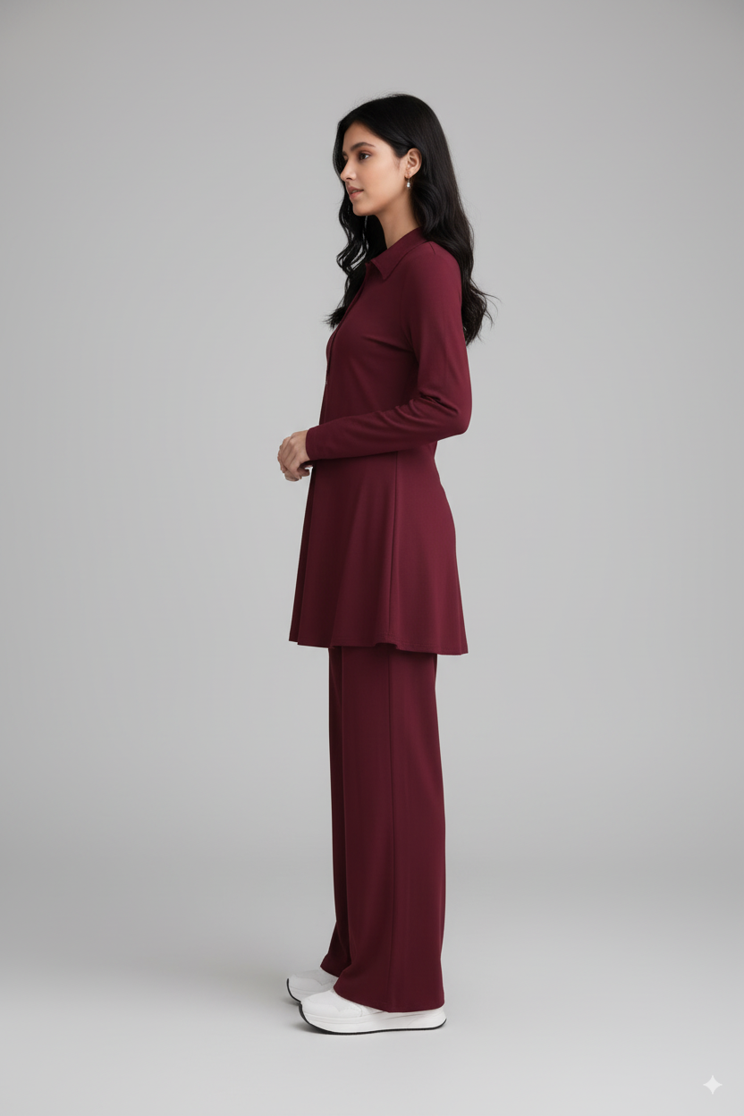Women Maroon Co-od Set - Stylish Long Sleeves Top, Straight Pant, Elegant Western & Ethnic Wear