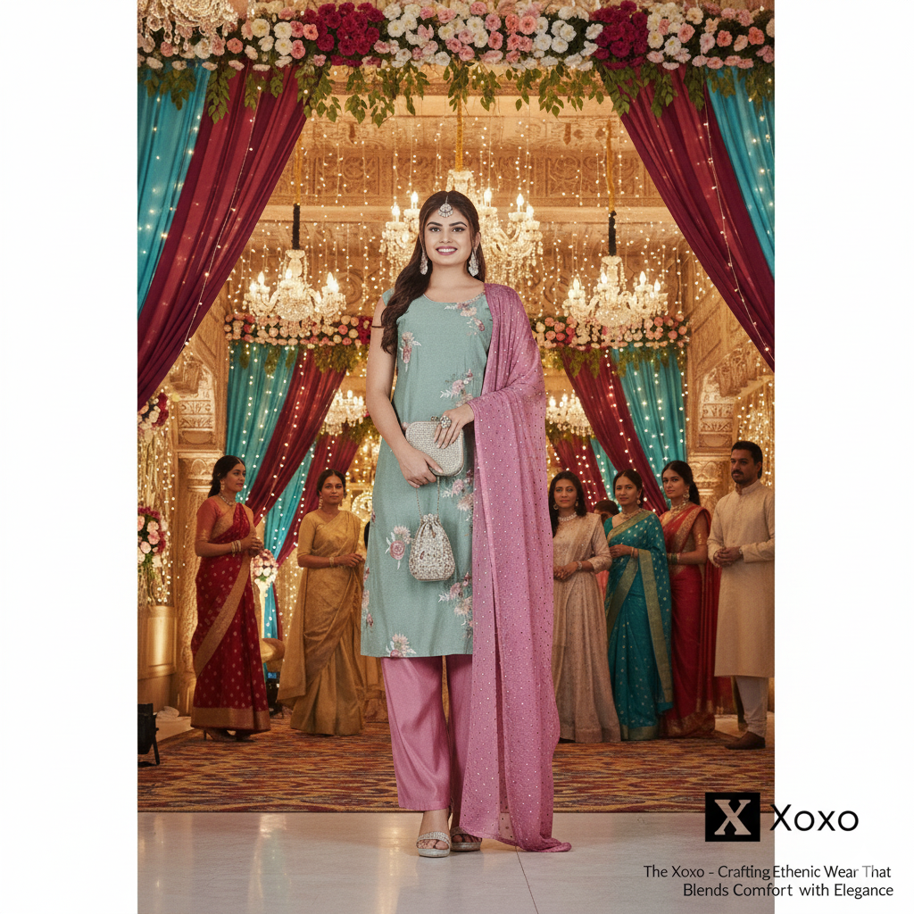 The Xoxo Women's Floral Embroidered Asymmetric Kurti Set with Pink Palazzo - Mint Green and Rose Pink, Cotton Blend, Traditional Indian Ethnic Wear