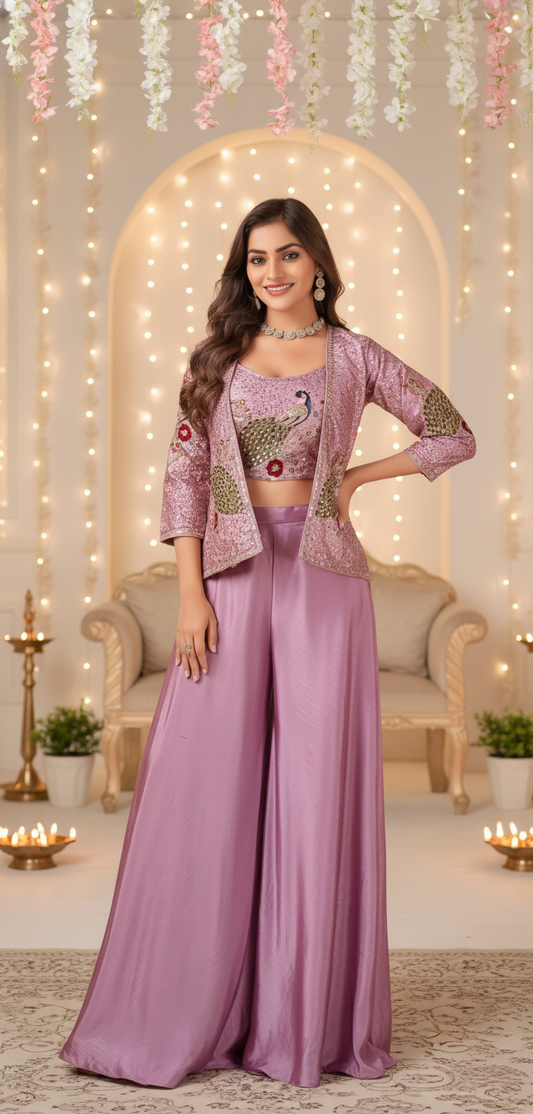 Lavender Peacock Embroidered Jacket & Crop Top With Satin Palazzo | Women’s Ethnic Indo-Western Suit Set
