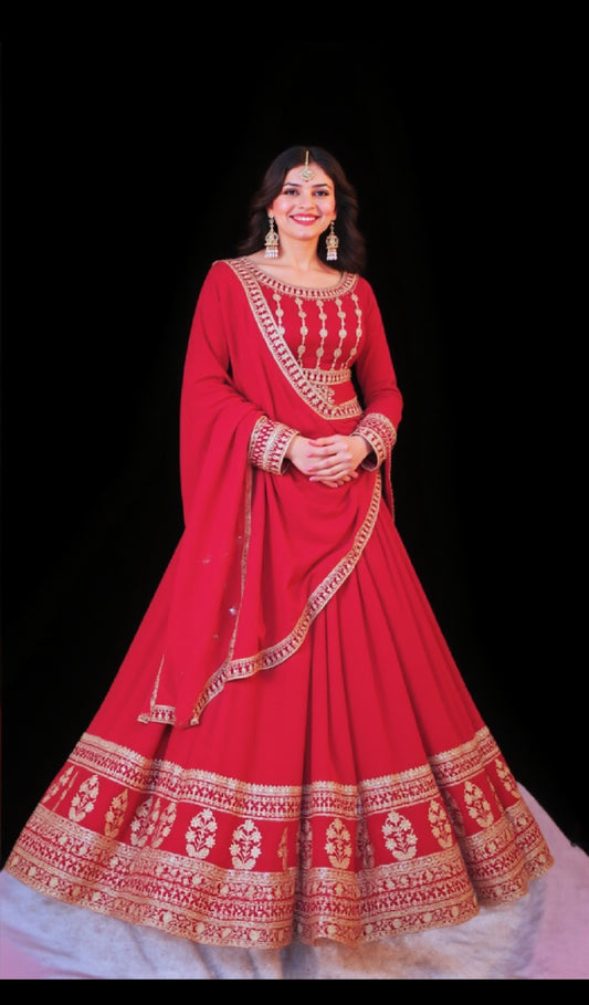 Red & Gold Embroidered INDIAN Anarkali Suit Set