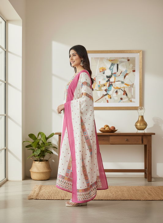 White Mirror Embroidered Work Pakistani Suit Set - Chanderi Silk, Chikan Work, Digital Print