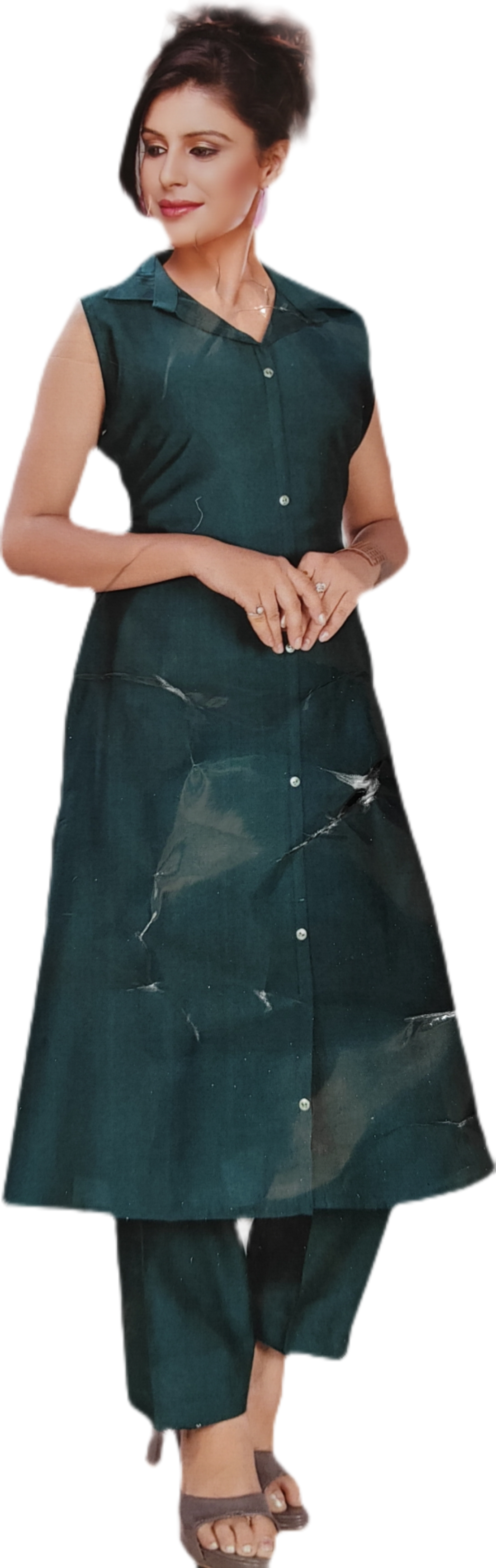 Sleeveless Dark Green Button-Down Top and Bottom