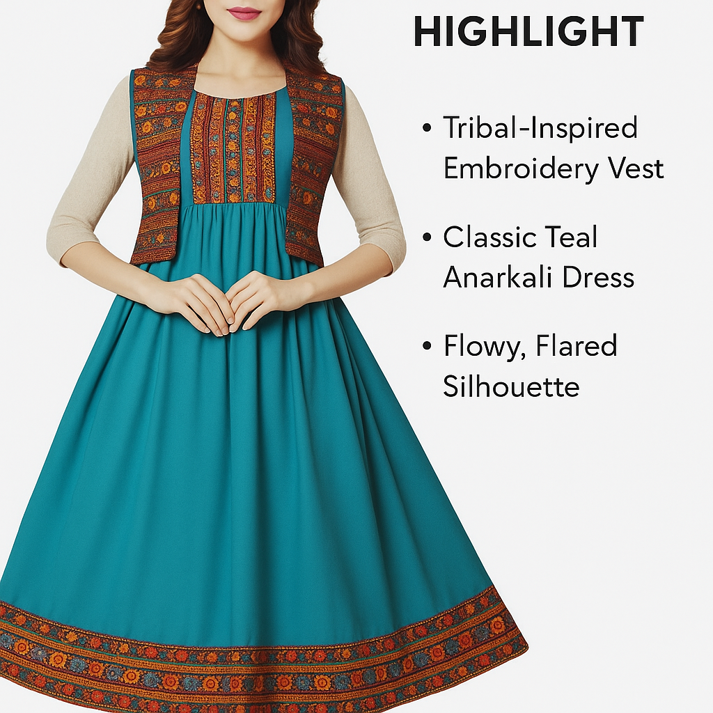 Traditional Turquoise Flared Dress with Embroidered Vest - Ethnic Print Border, Long Length