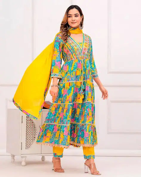 Multi Colour Cotton V-neck 3piece Suit Set