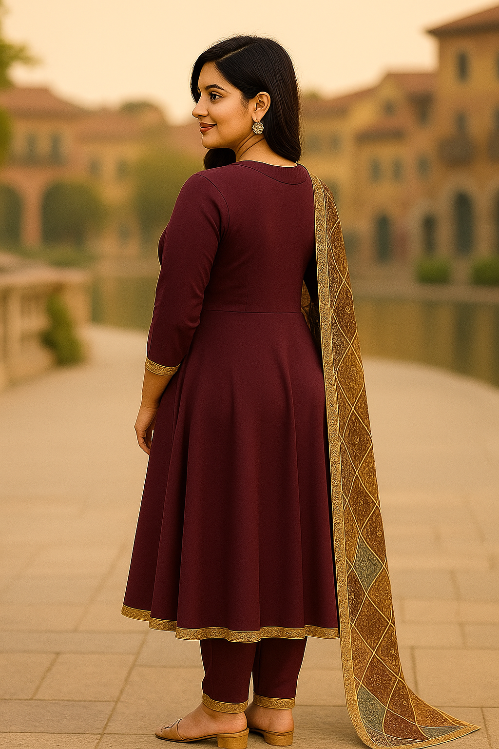 Women's Solid Rayon Long Anarkali Dress - Printed Dupatta, Button Details, Hem Details, Full Sleeves, Ankel Length, (Maroon,XL)