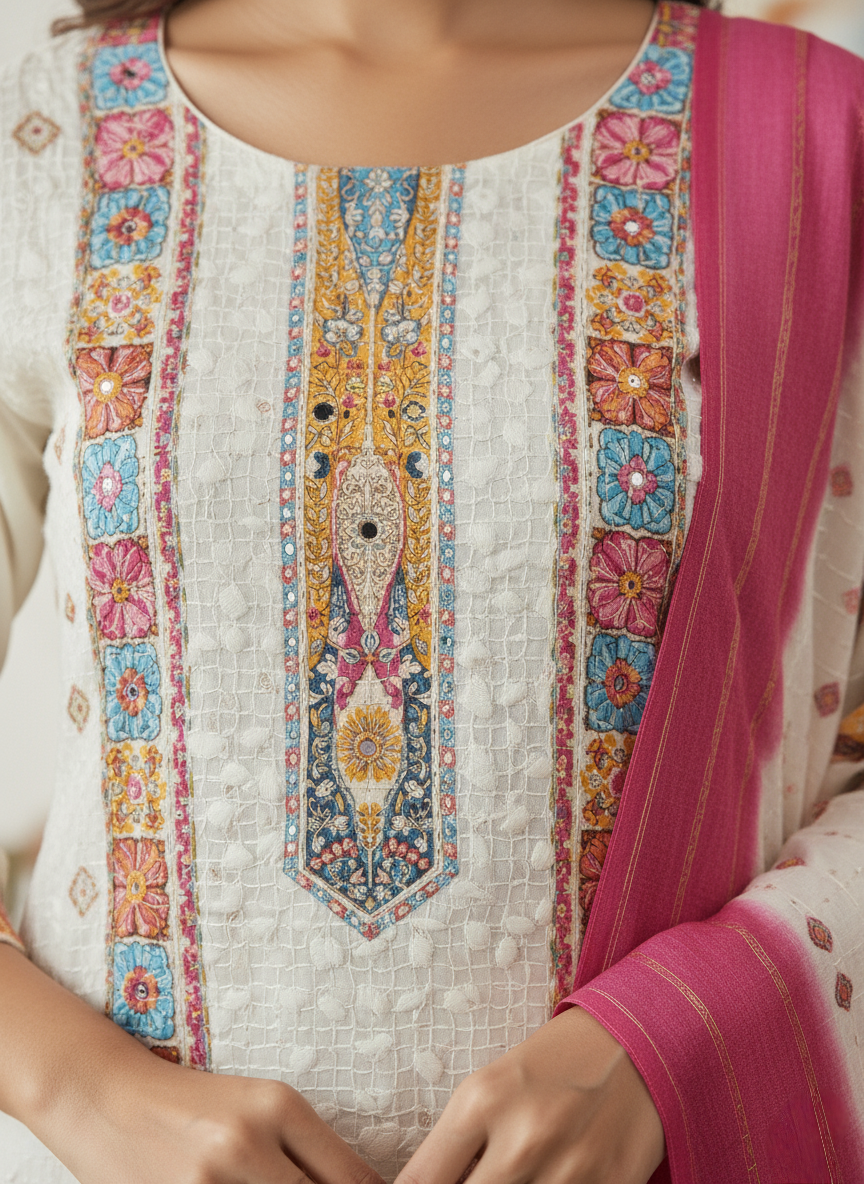 White Mirror Embroidered Work Pakistani Suit Set - Chanderi Silk, Chikan Work, Digital Print