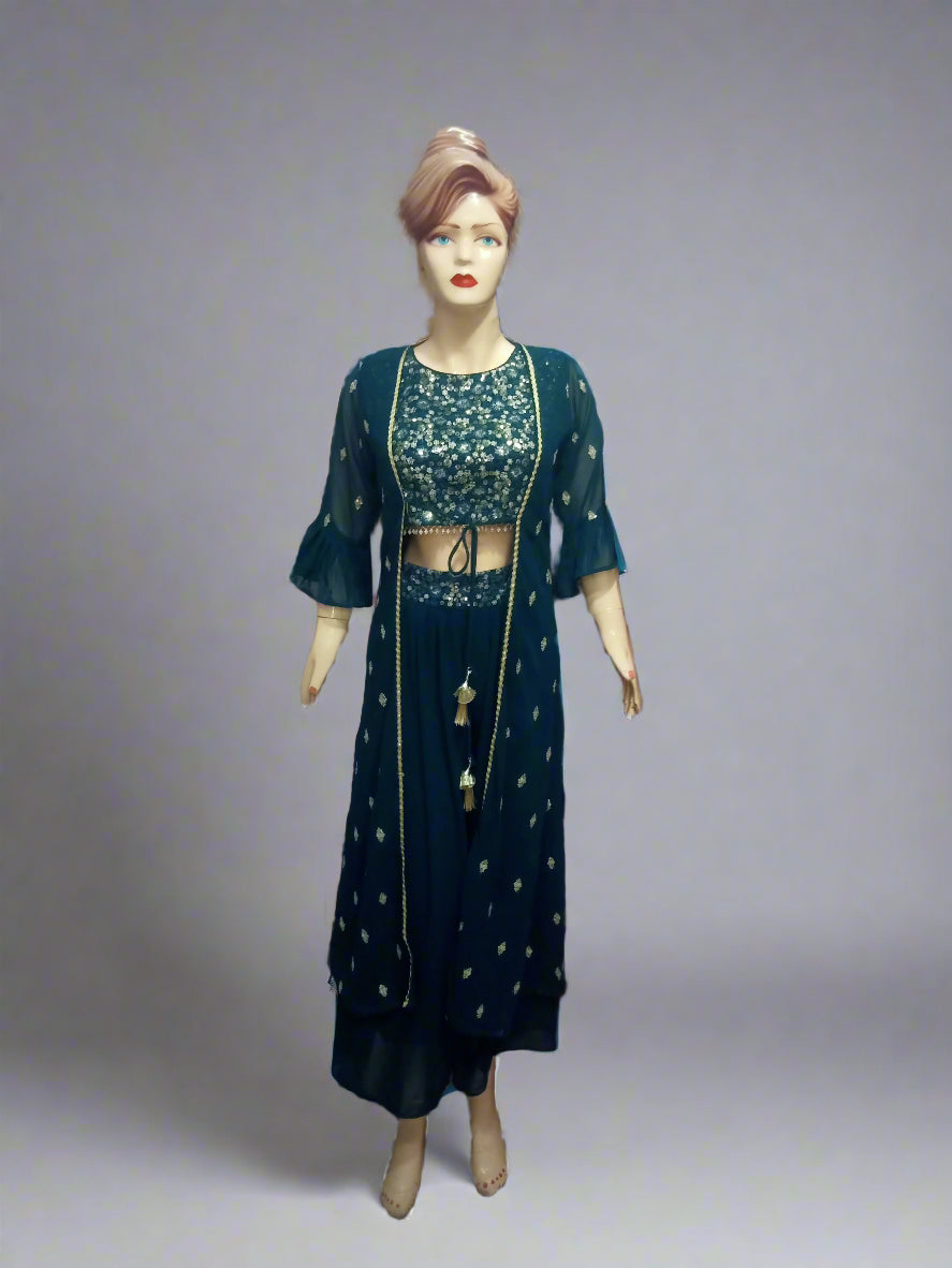 Navy Blue Georgette Embroidered Crop Top  with Long Shrug and Palazzo Set