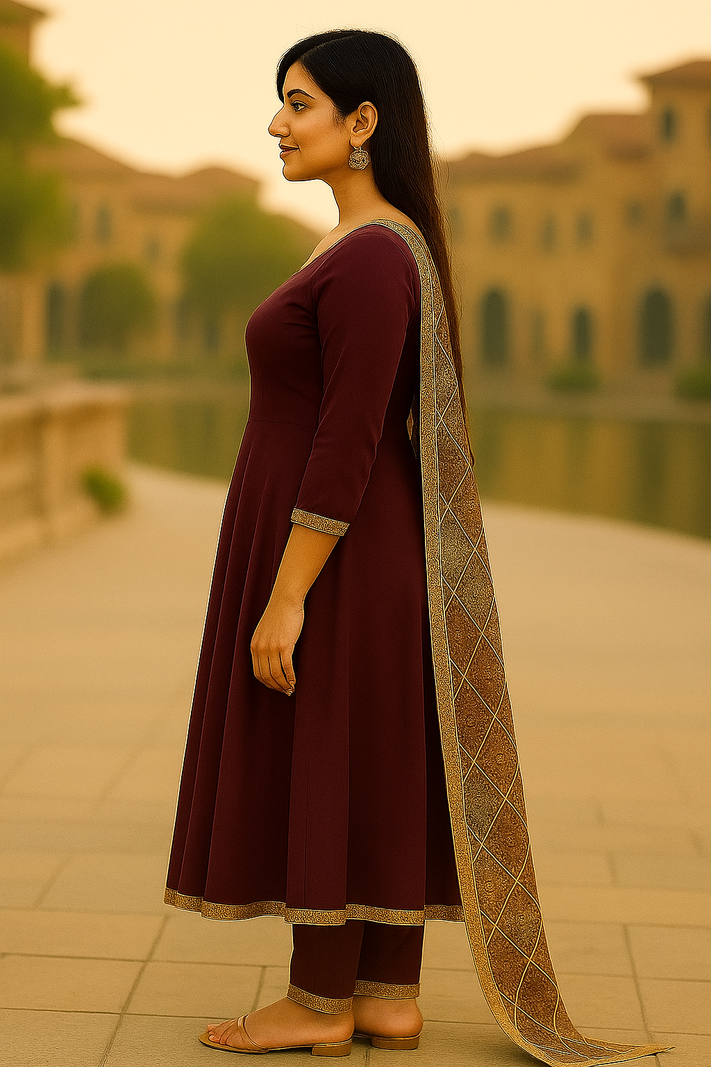 Women's Solid Rayon Long Anarkali Dress - Printed Dupatta, Button Details, Hem Details, Full Sleeves, Ankel Length, (Maroon,XL)