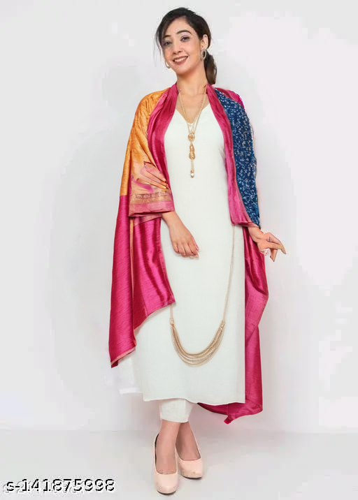 White Kurti Plazo - Collar Suit With Silk Dupatta