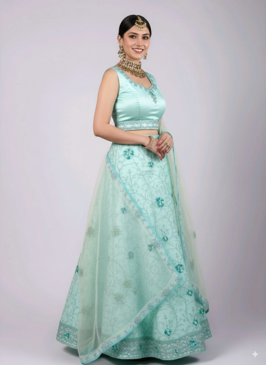 Pastel Blue Lehenga Choli set (Pista Green, XL)