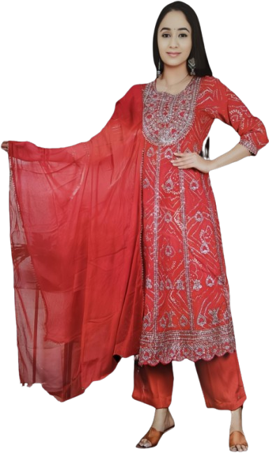 Wonderful Red Chunri Bandhej Print Embroidered Salwar Kameez Set - Fully Embroidered, Stitched Suit, Kurta, Pant & Dupatta Set