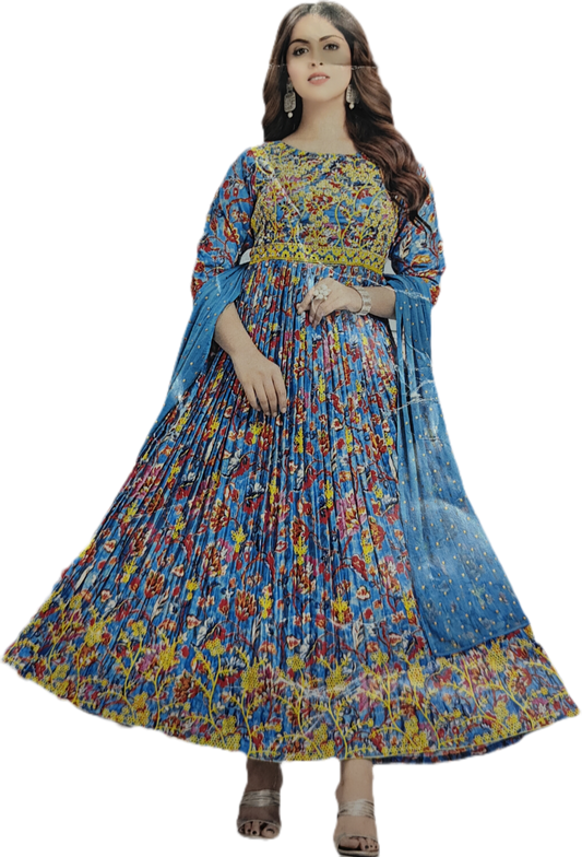 Pleated Cyan Georgette Dupatta Dress