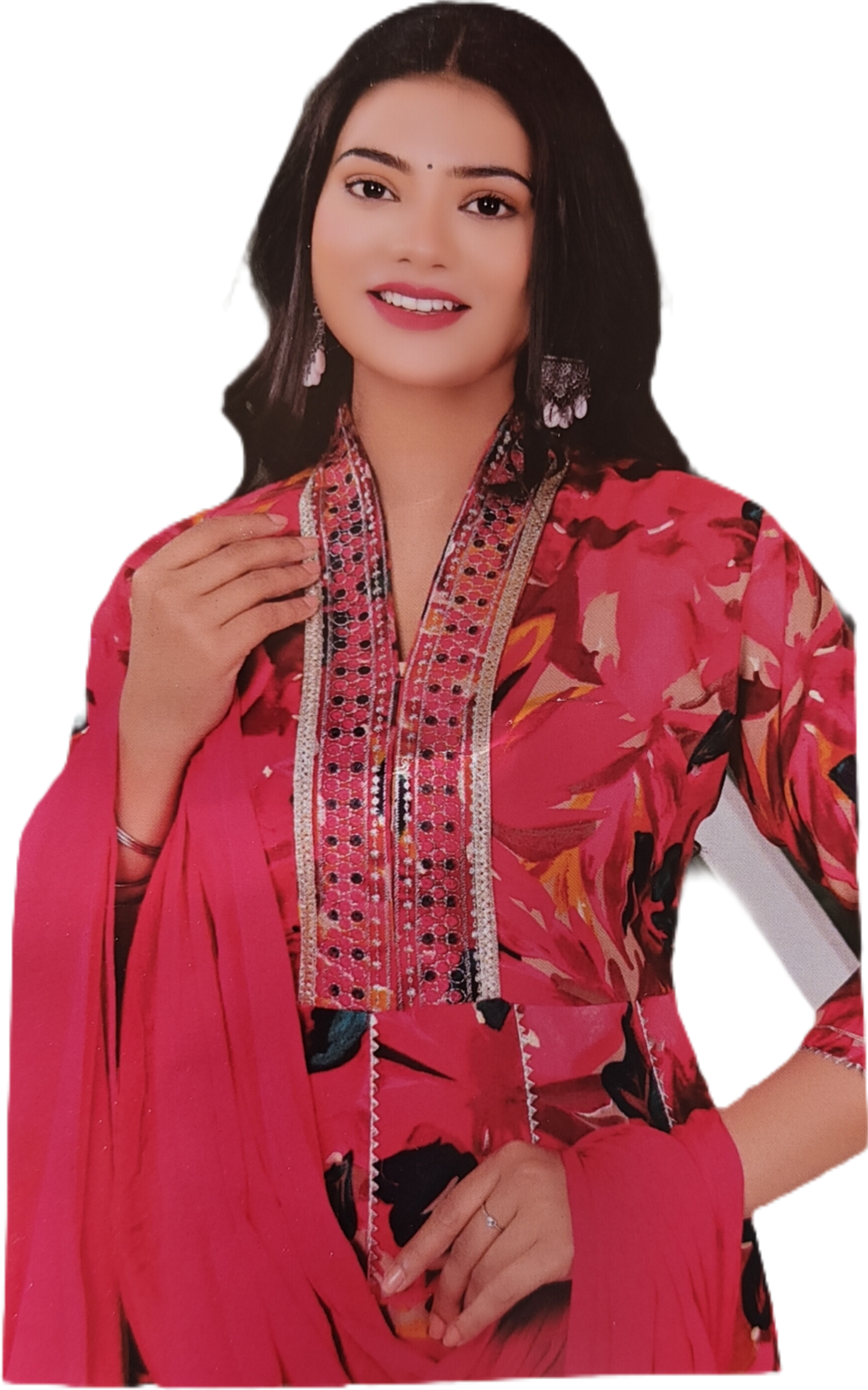 Floral Print Cotton Salwar Suit Set - Embroidered Neck Style, Pink and Black