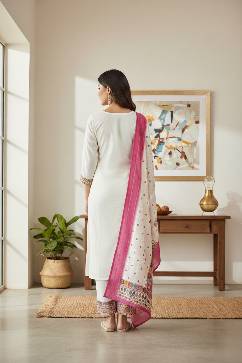 White Mirror Embroidered Work Pakistani Suit Set - Chanderi Silk, Chikan Work, Digital Print