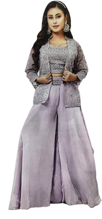 Georgette Koti Sharara Blouse Set - High Heavy Moti Work Pink Suit, Comes with Blouse, Koti & Sharara, Matching Dupatta, (Purple,XL)