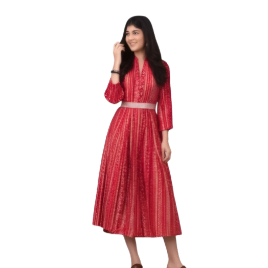 The Xoxo Women's Traditional Cotton A-Line Dress, with Belted Embroidery, V-Neck, Three Quarter Sleeve, Ankle Length