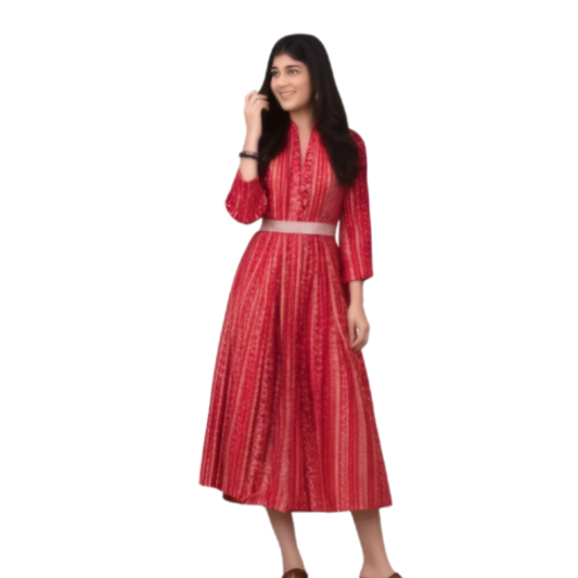 The Xoxo Women's Traditional Cotton A-Line Dress, with Belted Embroidery, V-Neck, Three Quarter Sleeve, Ankle Length