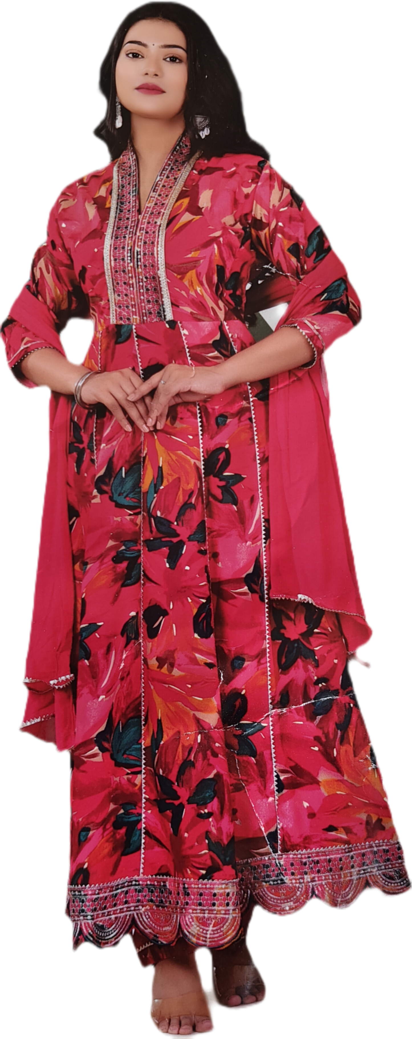 Floral Print Cotton Salwar Suit Set - Embroidered Neck Style, Pink and Black