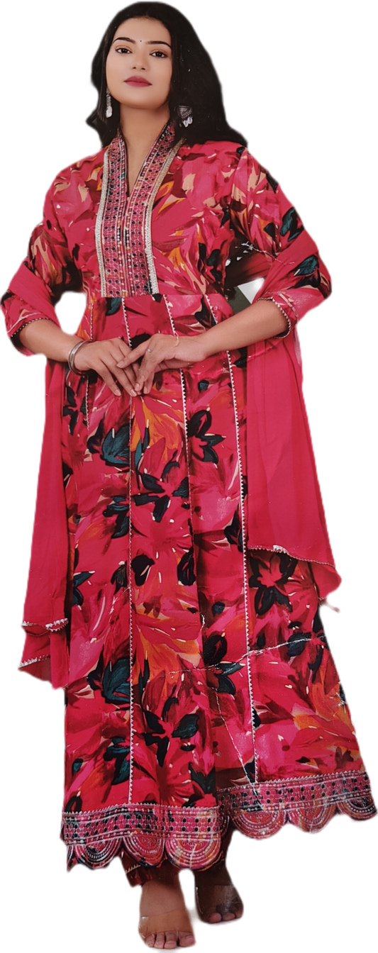 Floral Print Cotton Salwar Suit Set - Embroidered Neck Style, Pink and Black