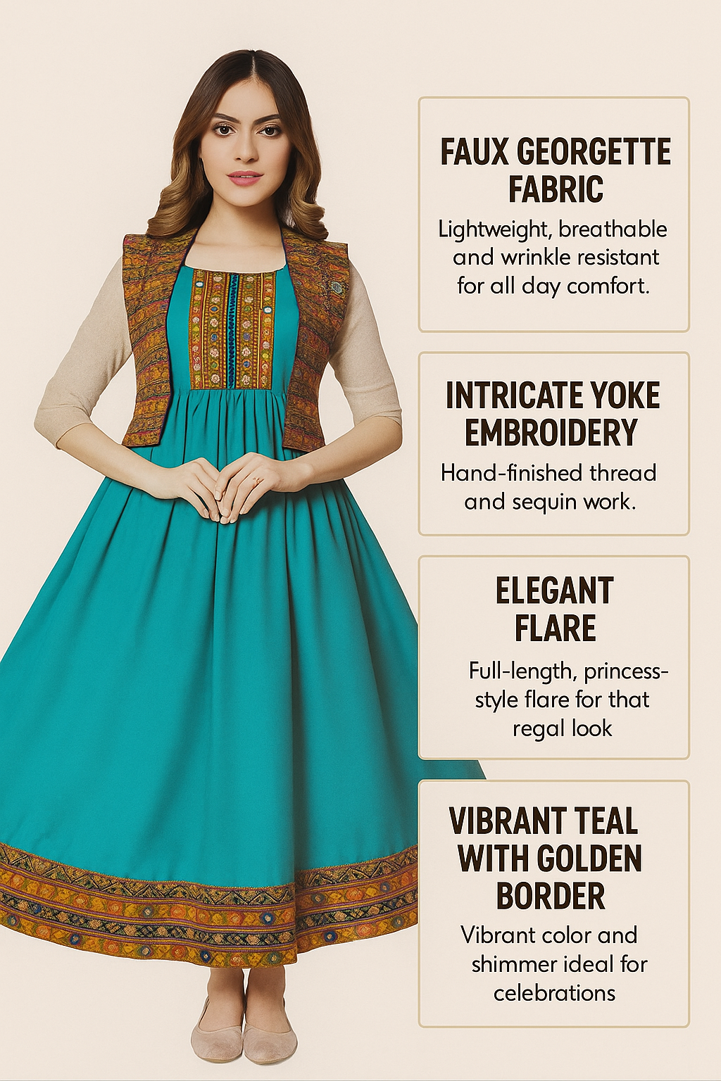 Traditional Turquoise Flared Dress with Embroidered Vest - Ethnic Print Border, Long Length