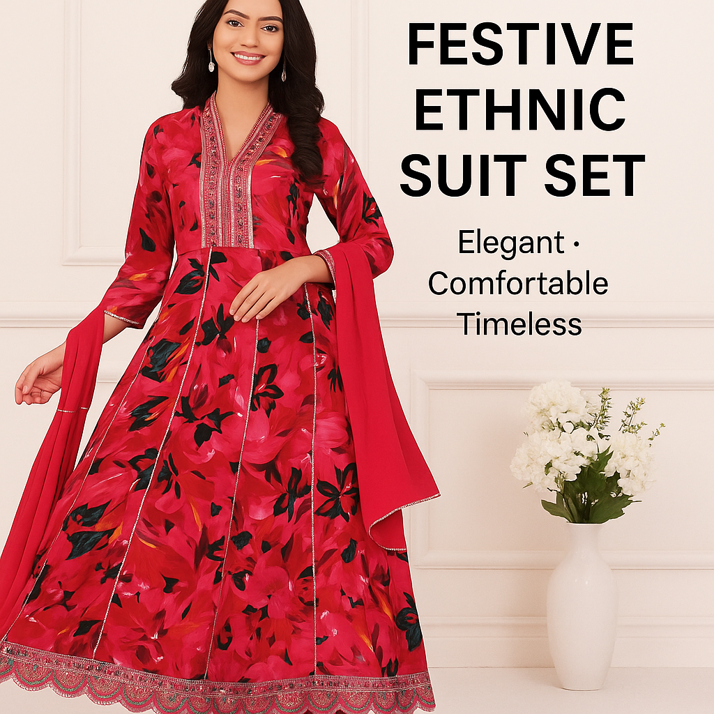 Floral Print Cotton Salwar Suit Set - Embroidered Neck Style, Pink and Black