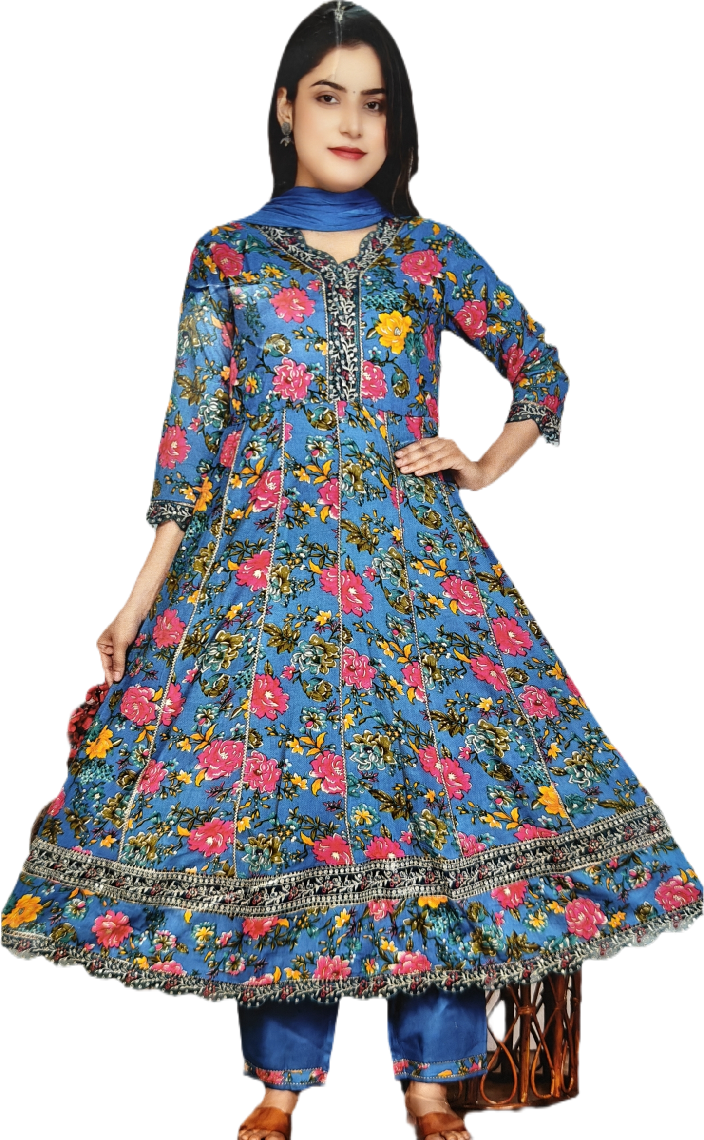 Blue Floral Printed Kurti With Pant & Dupatta Set – Women’s Ethnic Wear Cotton Suit
