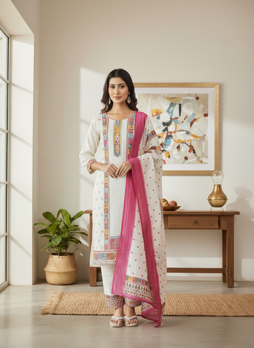 White Mirror Embroidered Work Pakistani Suit Set - Chanderi Silk, Chikan Work, Digital Print