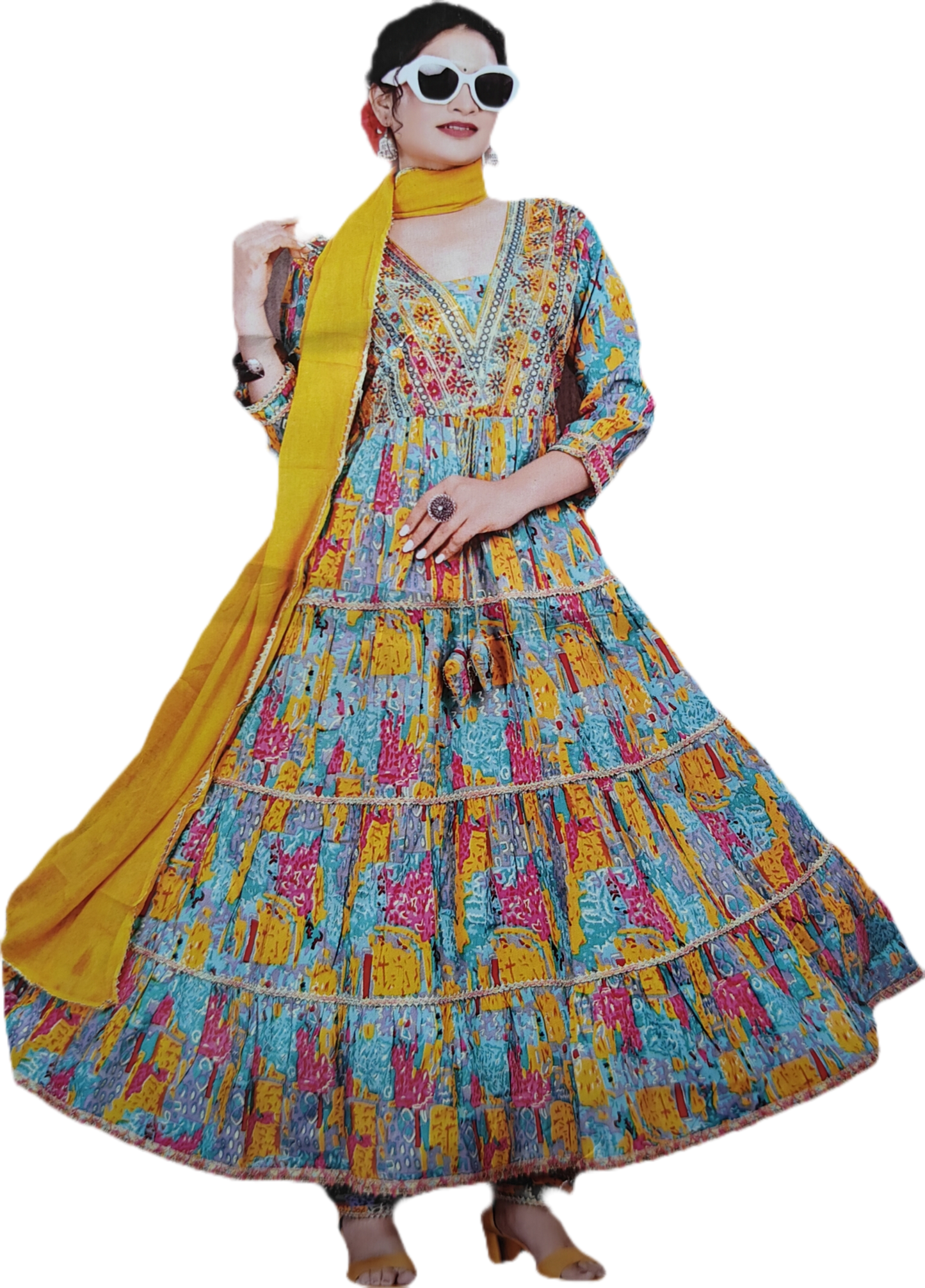 Colorful Printed Long Gown Dupatta 3 Pic Suit Set