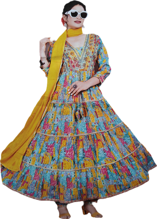 Colorful Printed Long Gown Dupatta 3 Pic Suit Set