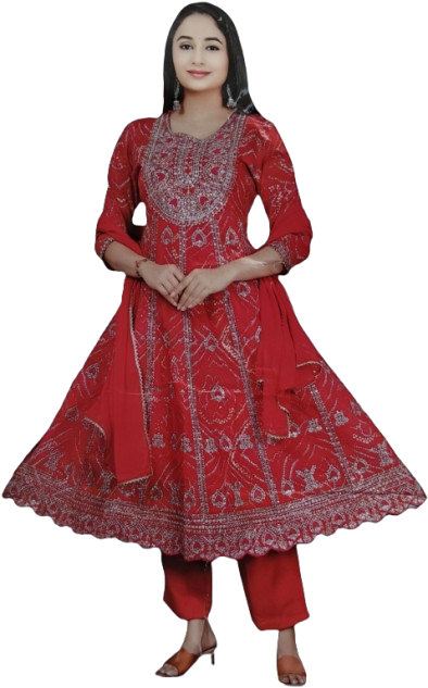 Wonderful Red Chunri Bandhej Print Embroidered Salwar Kameez Set - Fully Embroidered, Stitched Suit, Kurta, Pant & Dupatta Set