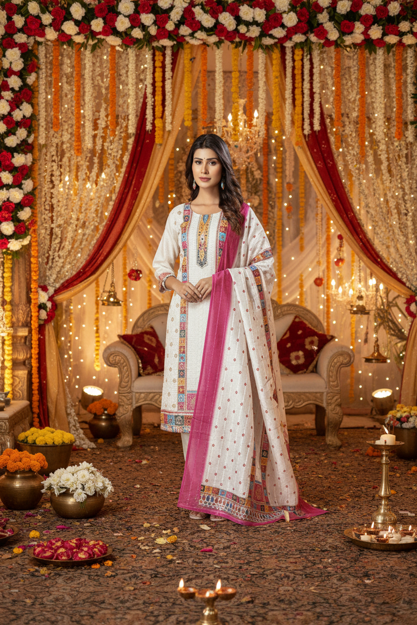 White Mirror Embroidered Work Pakistani Suit Set - Chanderi Silk, Chikan Work, Digital Print