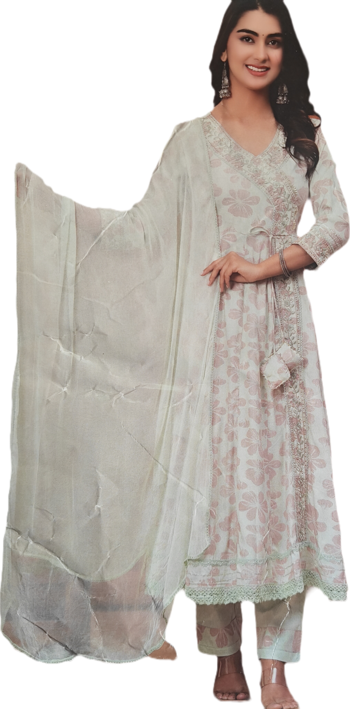 Angrakha Floral Print Pista Green Suit Set - Matching Pant & Dupatta