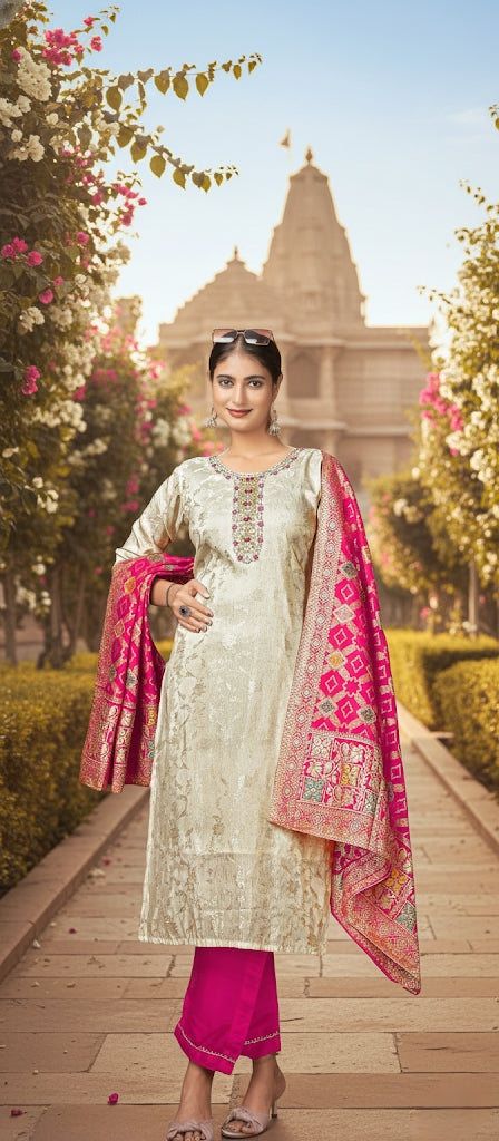 Cream Gold Chanderi Jacquard Suit Set with Hot Pink Embroidered Dupatta | Women’s Festive & Party Wear Ethnic Set