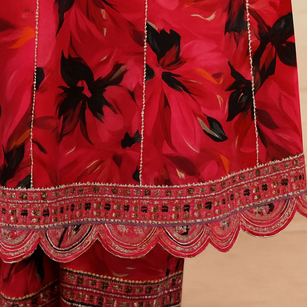 Floral Print Cotton Salwar Suit Set - Embroidered Neck Style, Pink and Black